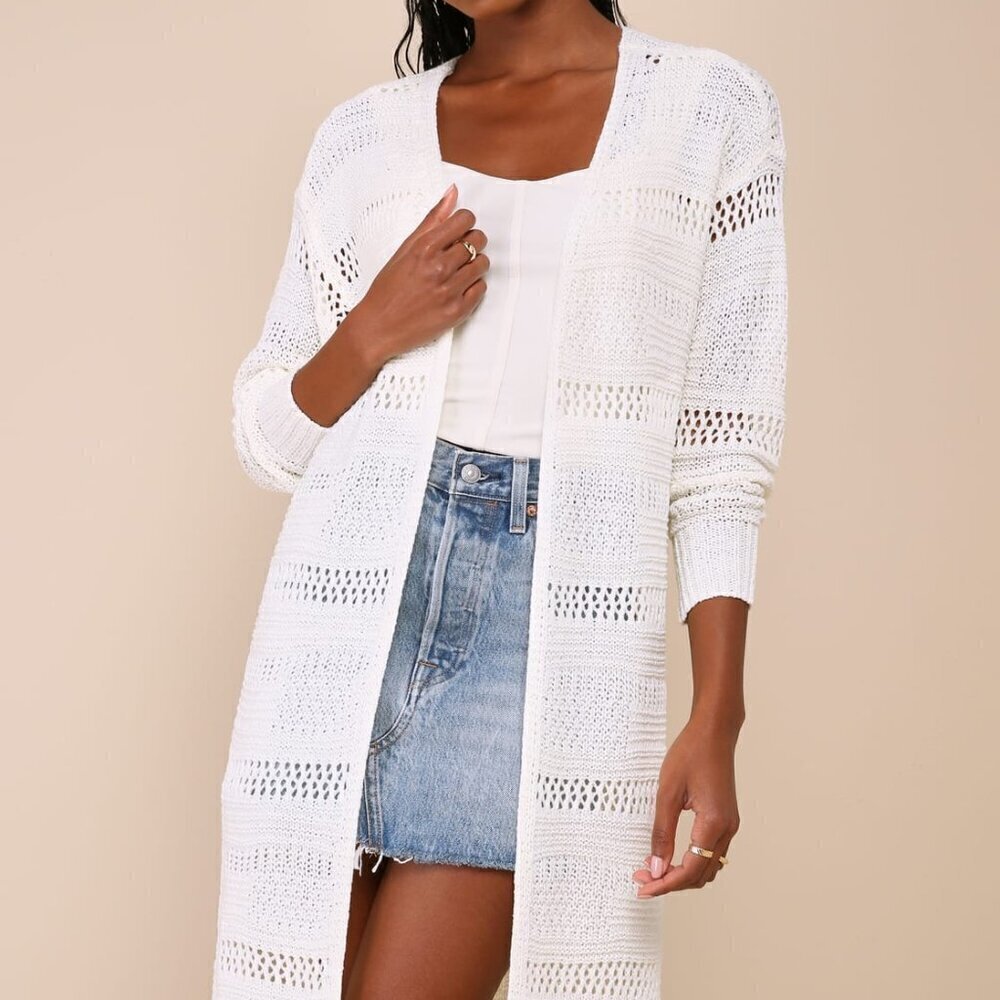 Lulus Boardwalk Sunsets Ivory Loose Crochet Long Cardigan Sweater Size S NWT